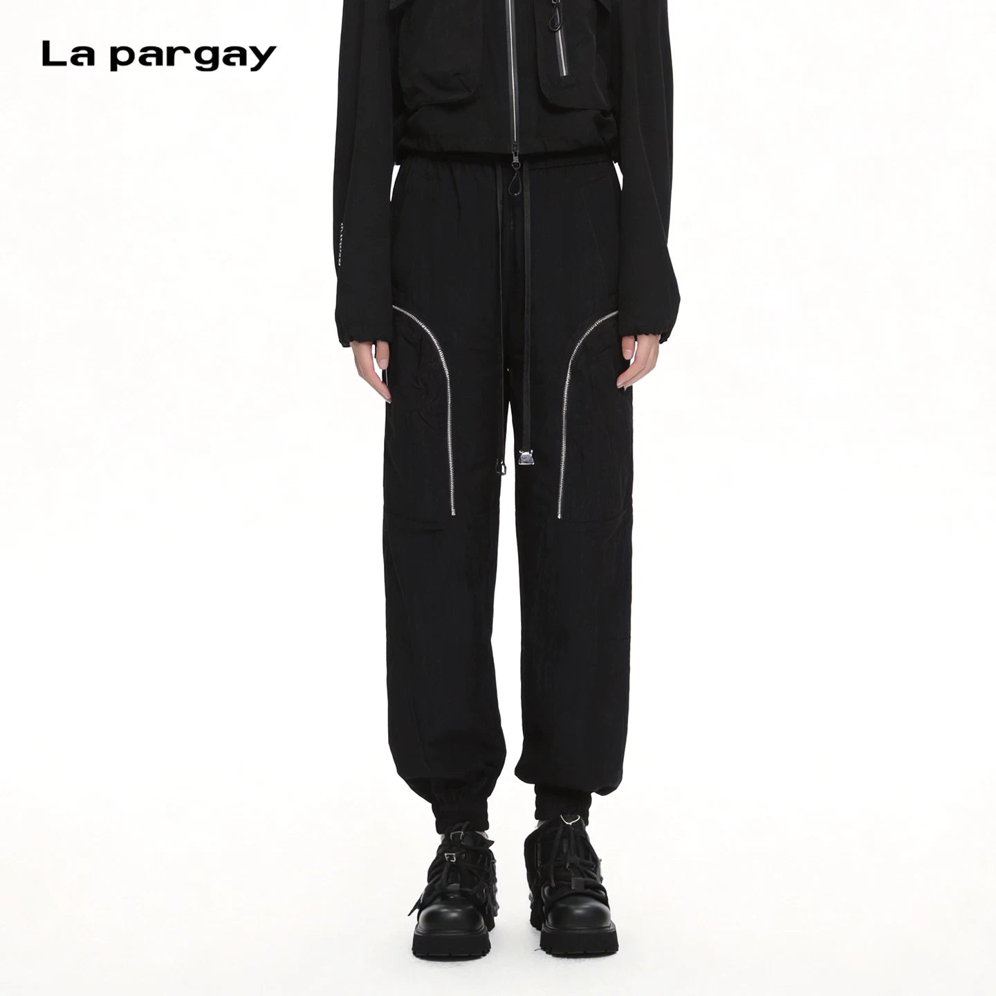 Lapargay Pleated Texture Casual Pants Curved Zipper Pockets Drawstring Elastic High Waist L69202807C