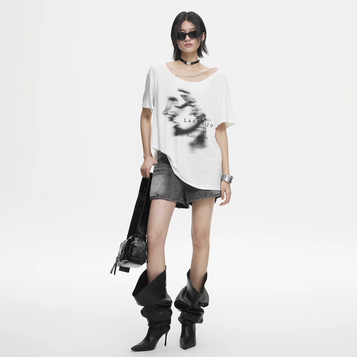 Lapargay lazy relaxed top off-shoulder chain embellishment vintage portrait print L78200212V