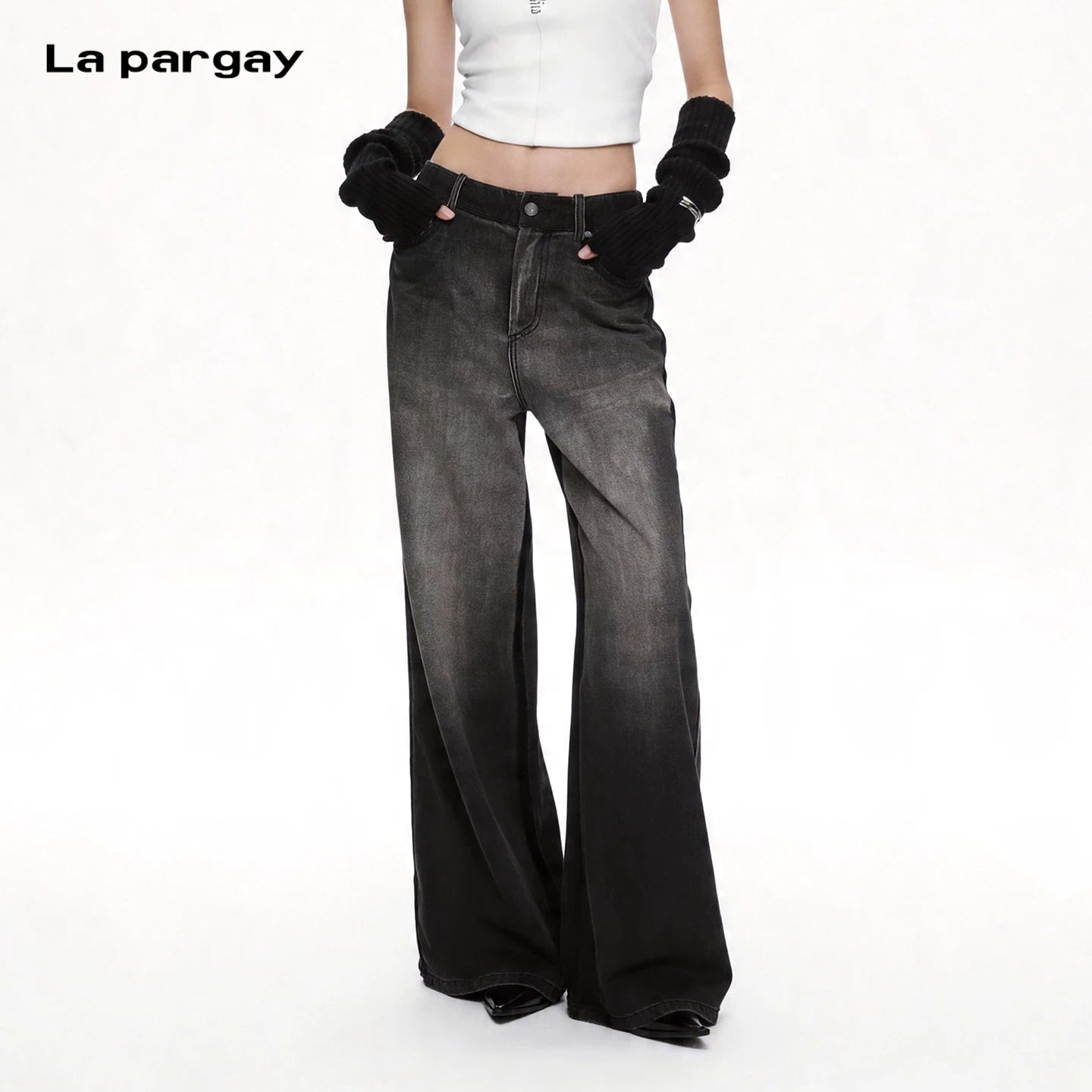 Lapargay Black-to-Gray Gradient Wash High-waisted Wide-leg Pants Contrast Waistband L75202903V