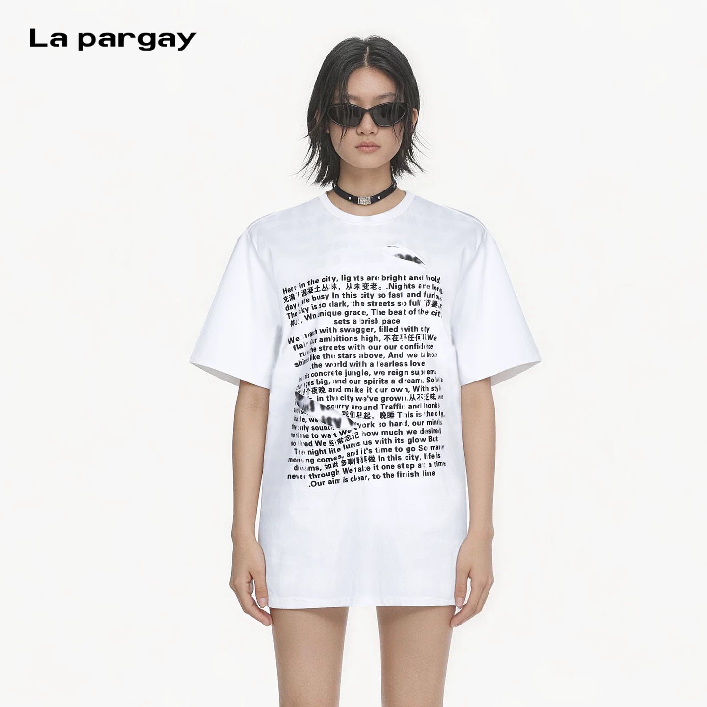 Lapargay Loose Drop-Shoulder T-Shirt Distressed Print Casual and Flattering L69300202V
