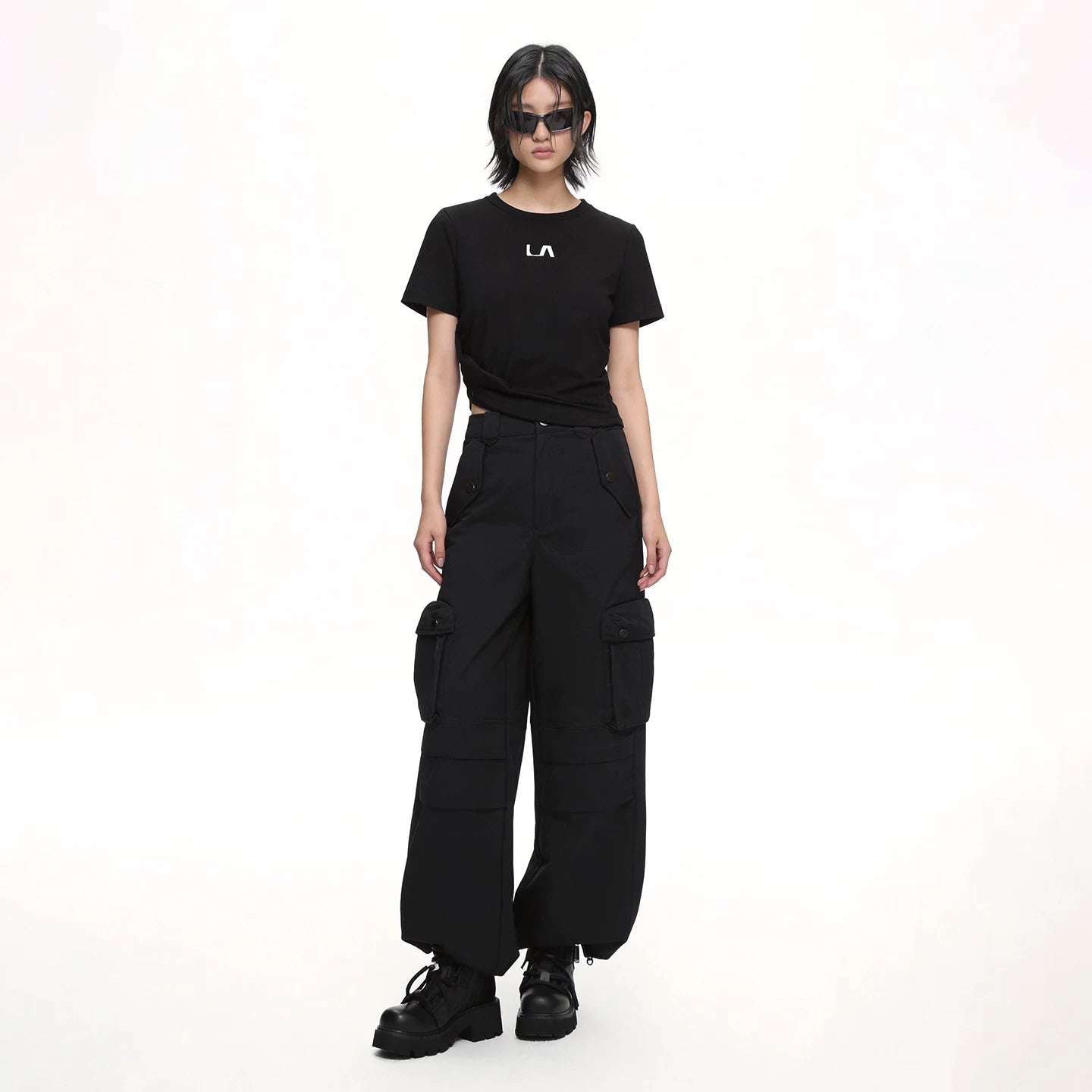 Lapargay high-waist cargo casual pants, multi-pocket design, loose tapered leg L69102661S