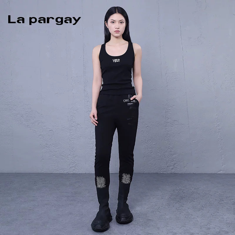 Lapargay High-Waist Trousers Personality Print Casual Pants Women 2026 Spring New Black Design Niche Pants