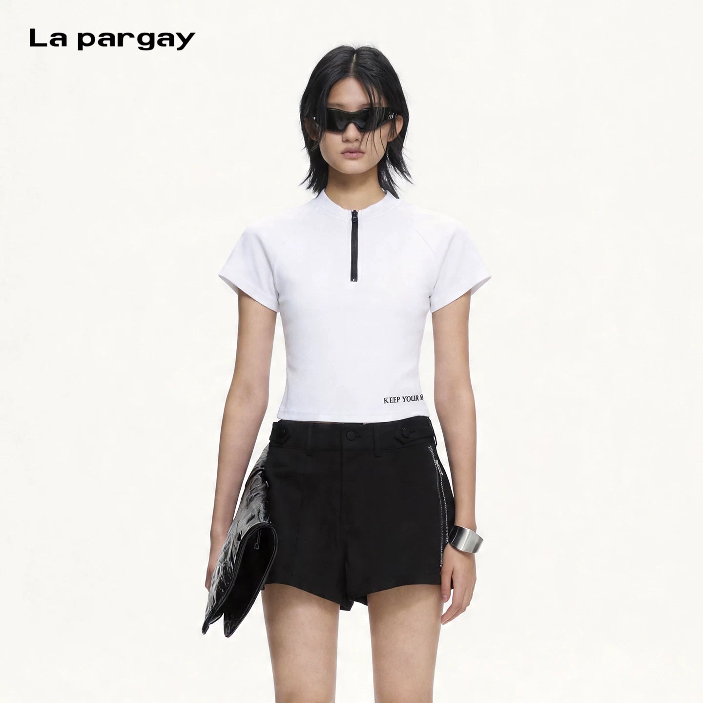 Lapargay High-stretch shaping fabric Half-placket stand collar design Sporty cropped T-shirt L75200228C