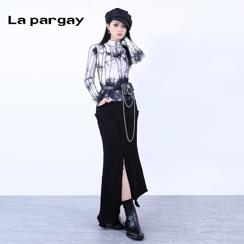 Lapargay Tie-Dye Print High Neck Long Sleeve T-Shirt 2026 Spring New Women's Personality Fashion Slimming Top