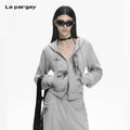 Lapargay Fringe Short Hooded Coat with Distressed Print Design, Double Zipper Pull L78101201V