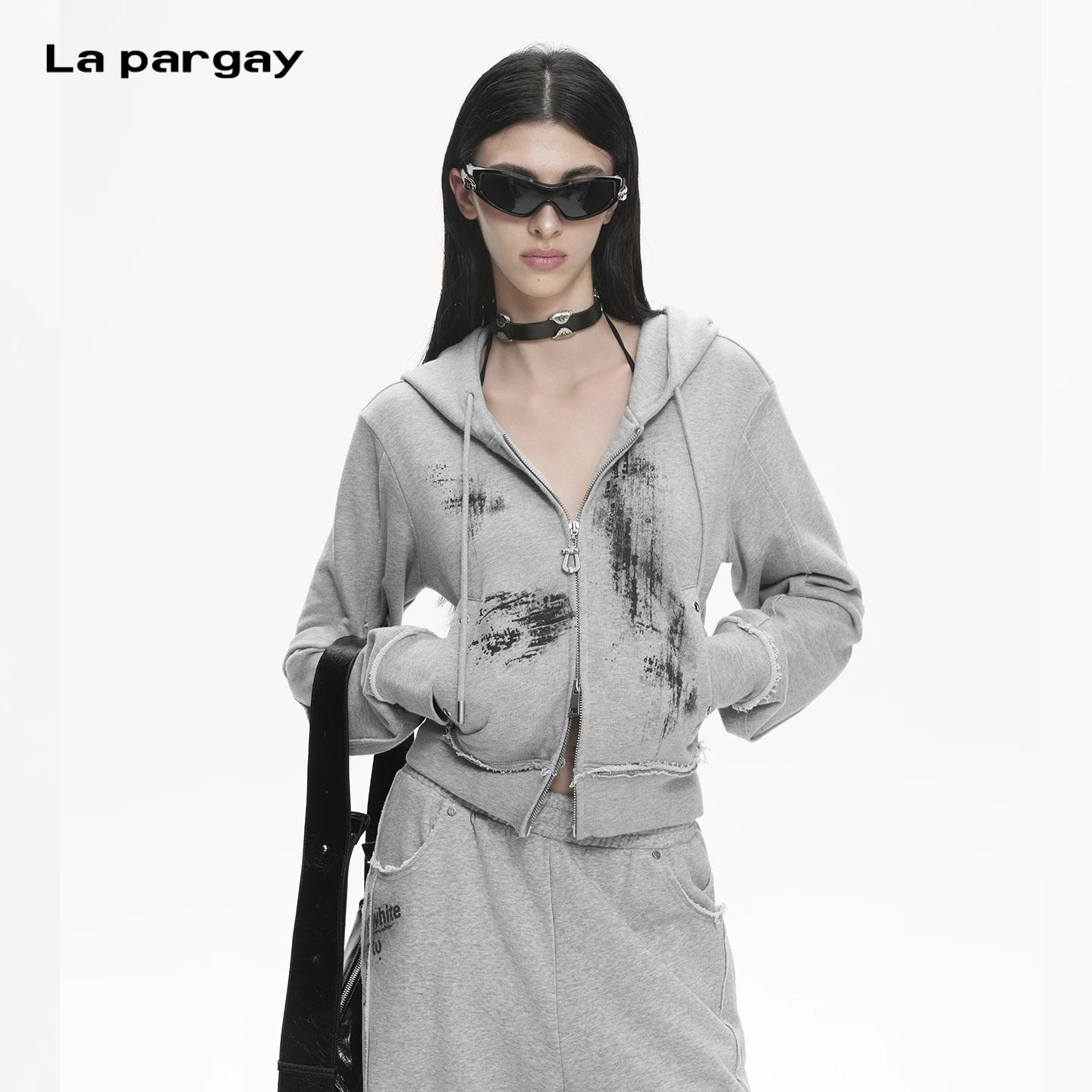 Lapargay Fringe Short Hooded Coat with Distressed Print Design, Double Zipper Pull L78101201V
