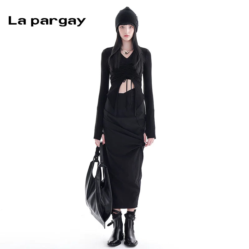 Lapargay Pullover Long-sleeve T-shirt 2026 New Women's Black Personality Fashion Casual Design Sense Top