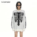 Lapargay Loose Knit Sweater Skull Jacquard Design Distressed Hem with Hole Details L72108205V