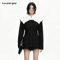 Lapargay Black and white contrast spliced suit Notched lapel epaulets Waist-cinching square buckle belt L69301252V