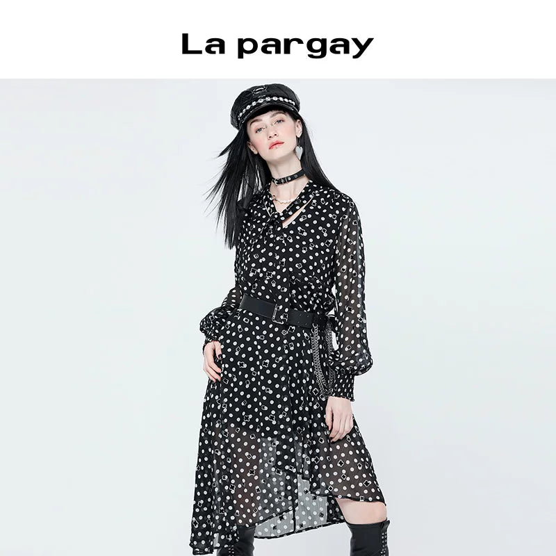 Lapargay 2026 Spring New Design Sense Niche Chiffon Dress Long-sleeve Waist-slimming Sweet Irregular Skirt