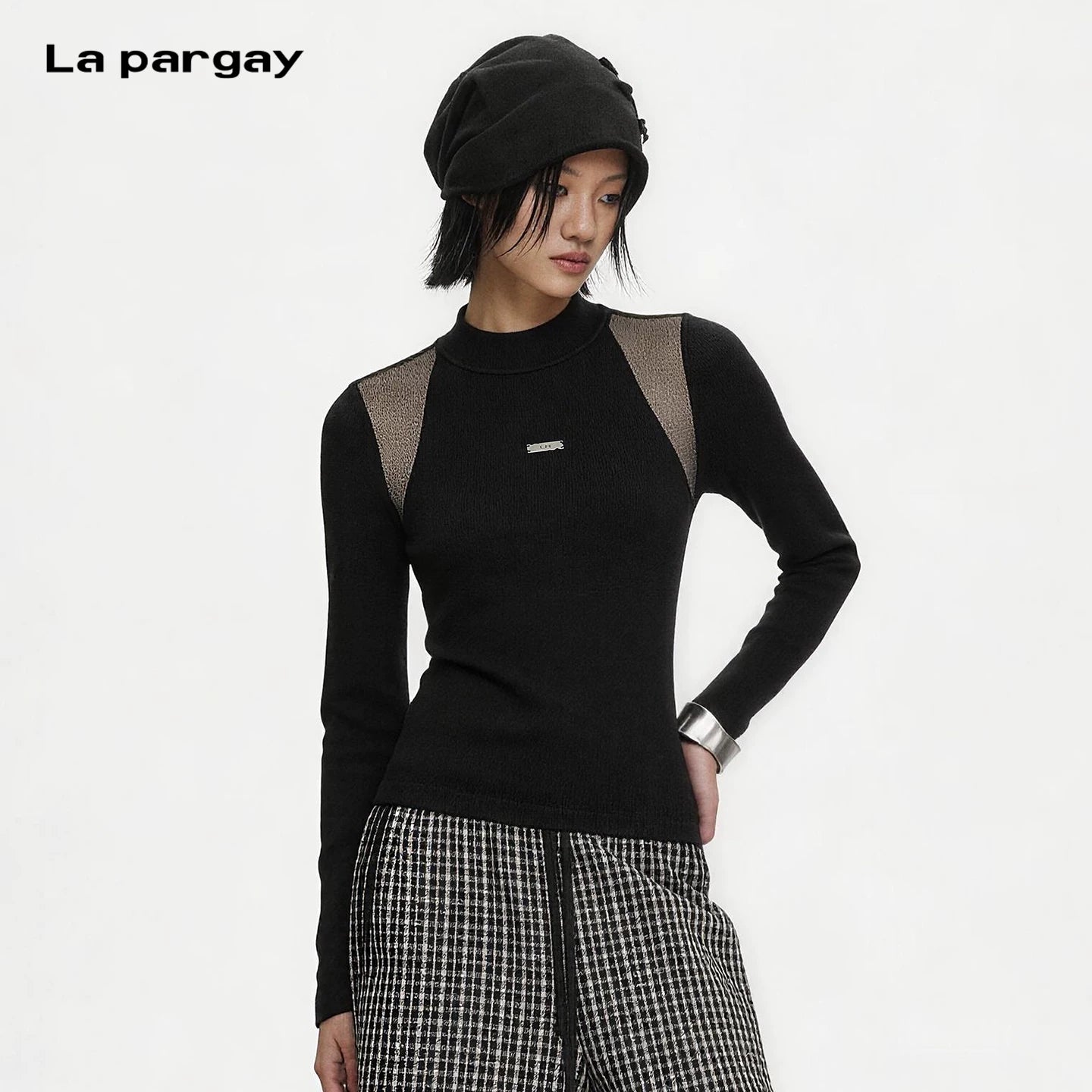 Lapargay Mock Neck Knit Top with Mesh Panel, Metal Logo Accent, Skin-Friendly and Breathable L75408205C