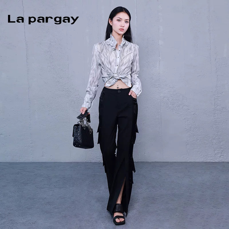 Lapargay High-waist Long Pants Side Slit Flared Pants 2026 Spring New Women's Black Personality Casual Pants