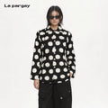 Lapargay Black and White Large Polka Dot Jacket Textured Fabric Waist-Cinching Flattering Silhouette L75101225V