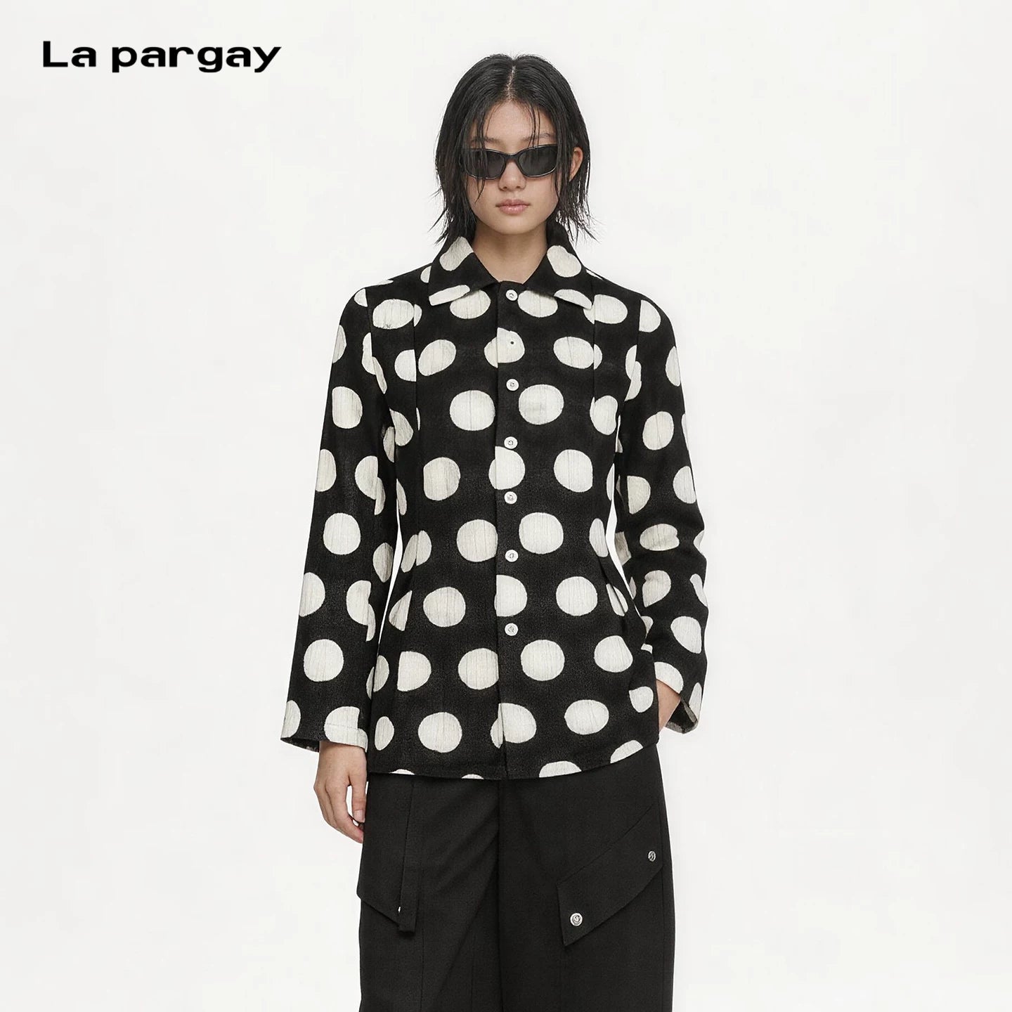 Lapargay Black and White Large Polka Dot Jacket Textured Fabric Waist-Cinching Flattering Silhouette L75101225V