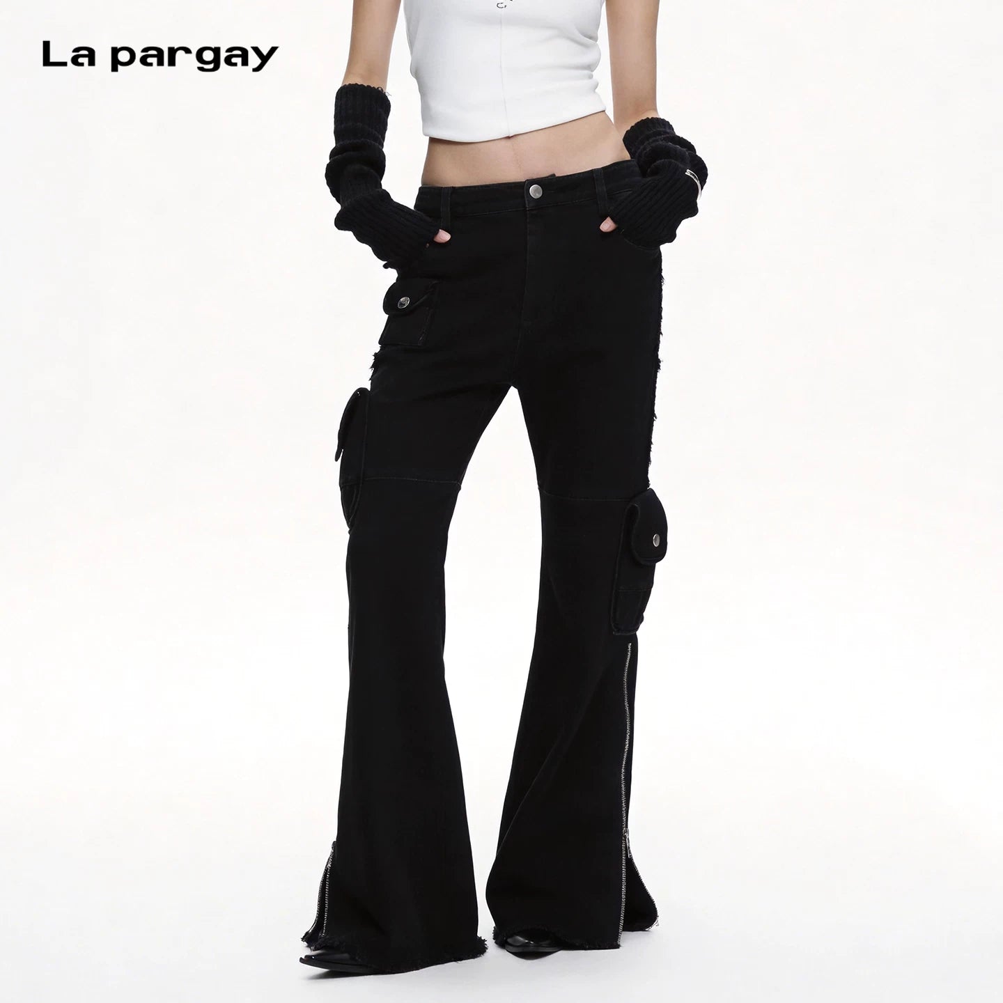 Lapargay Multi-pocket Flared Casual Pants Frayed Hem Side Zipper Design L69202642V