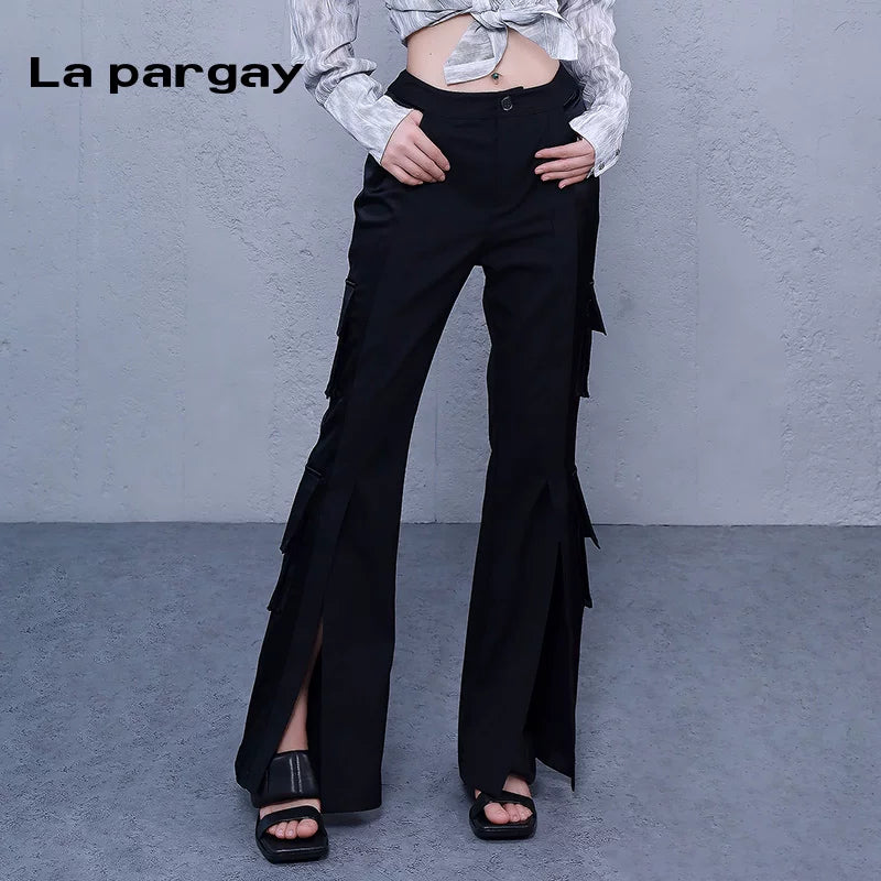 Lapargay High-waist Long Pants Side Slit Flared Pants 2026 Spring New Women's Black Personality Casual Pants