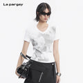 Lapargay Cropped V-Neck Print T-Shirt Slim Ribbed Fit Abstract Pattern Design L78200209V