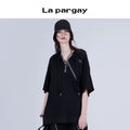 Lapargay 2026 Spring New Black Hoodie Knit Patchwork Hooded Pullover Loose Unisex Top Short Sleeve