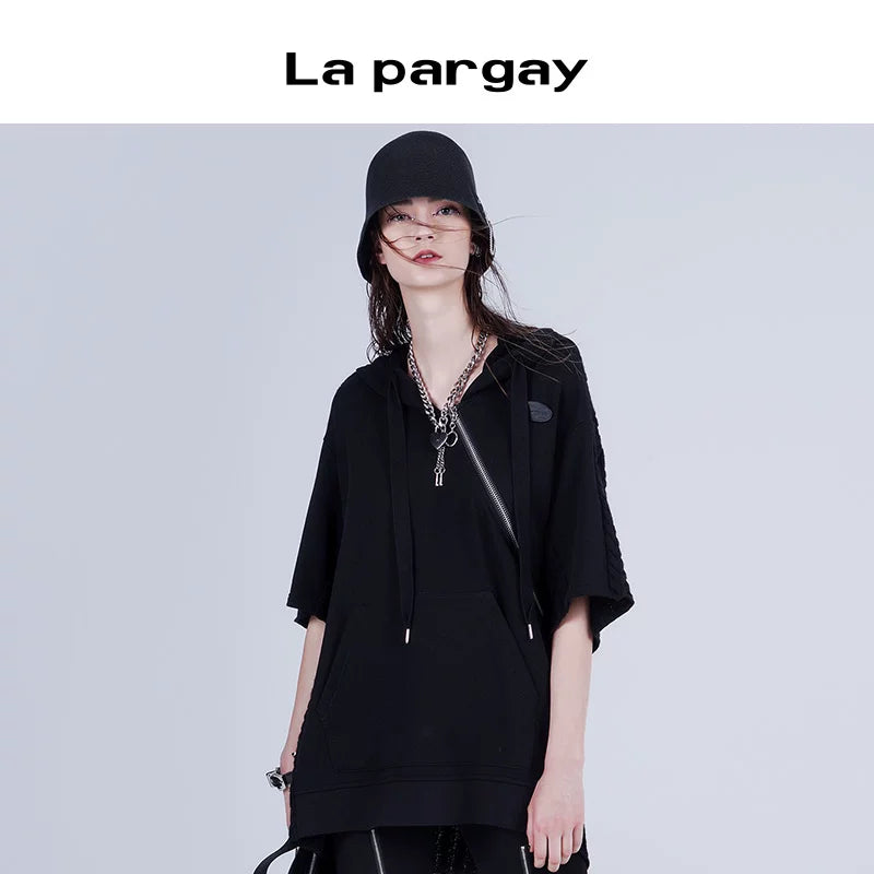 Lapargay 2026 Spring New Black Hoodie Knit Patchwork Hooded Pullover Loose Unisex Top Short Sleeve