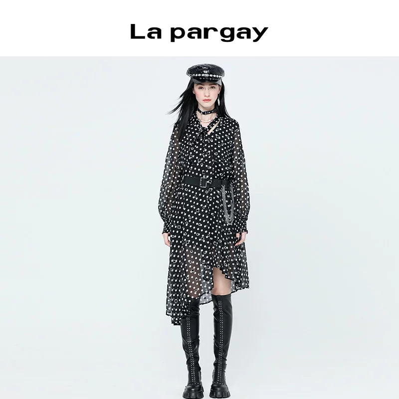 Lapargay 2026 Spring New Design Sense Niche Chiffon Dress Long-sleeve Waist-slimming Sweet Irregular Skirt