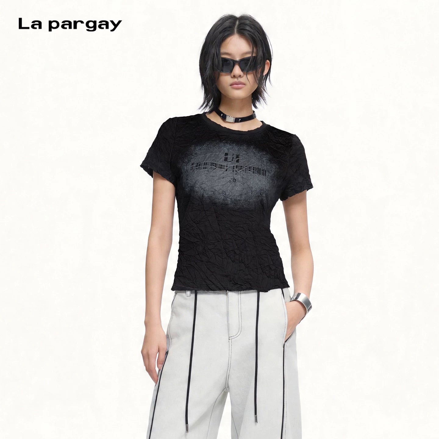Lapargay Distressed Dye Print T-Shirt Pleated Fabric Casual Round Neck Short Sleeve L75200219V