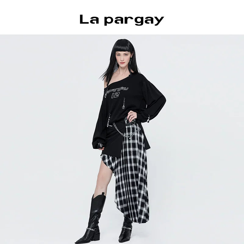 Lapargay 2026 Spring New Black Hanging Neck Printed Pullover Hoodie Casual Loose Fashion Long Sleeve