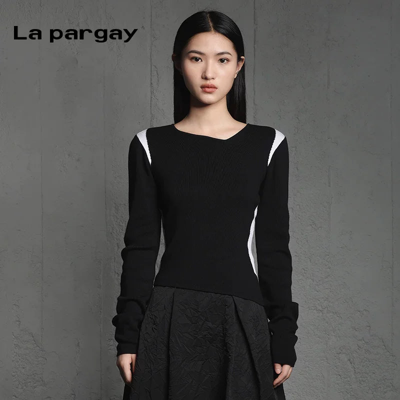 Lapargay irregular long sleeve knitwear 2026 new women's black slim fit shapewear top