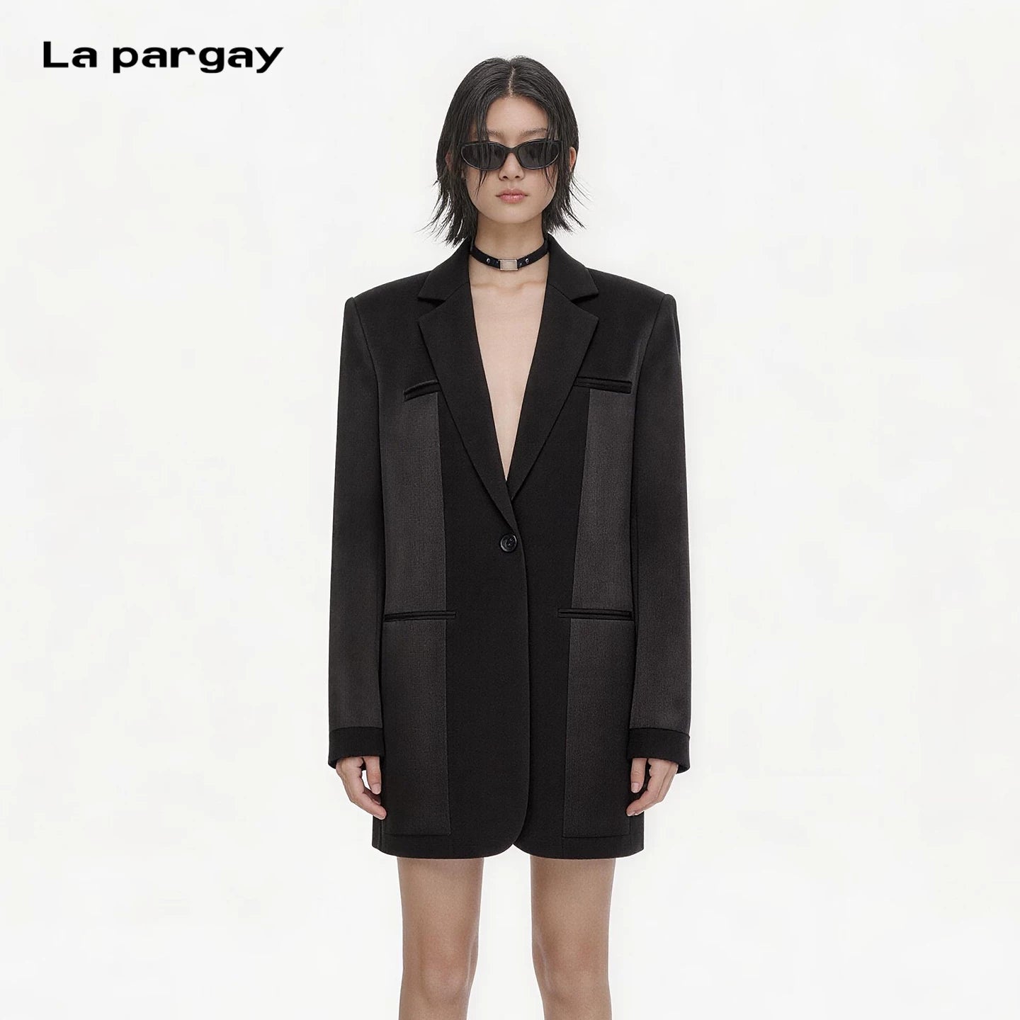 Lapargay matte satin spliced blazer single button design commute loose jacket L66101206S