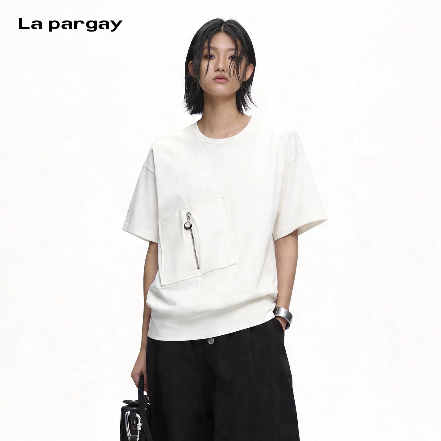 Lapargay Diagonal Zipper Pocket Design Loose Drop Shoulder Skin-Friendly Round Neck Top L75200225C