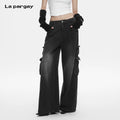 Lapargay Distressed Denim Casual Pants Stitched Line Design Multi-pocket Cargo Pants L78202604V