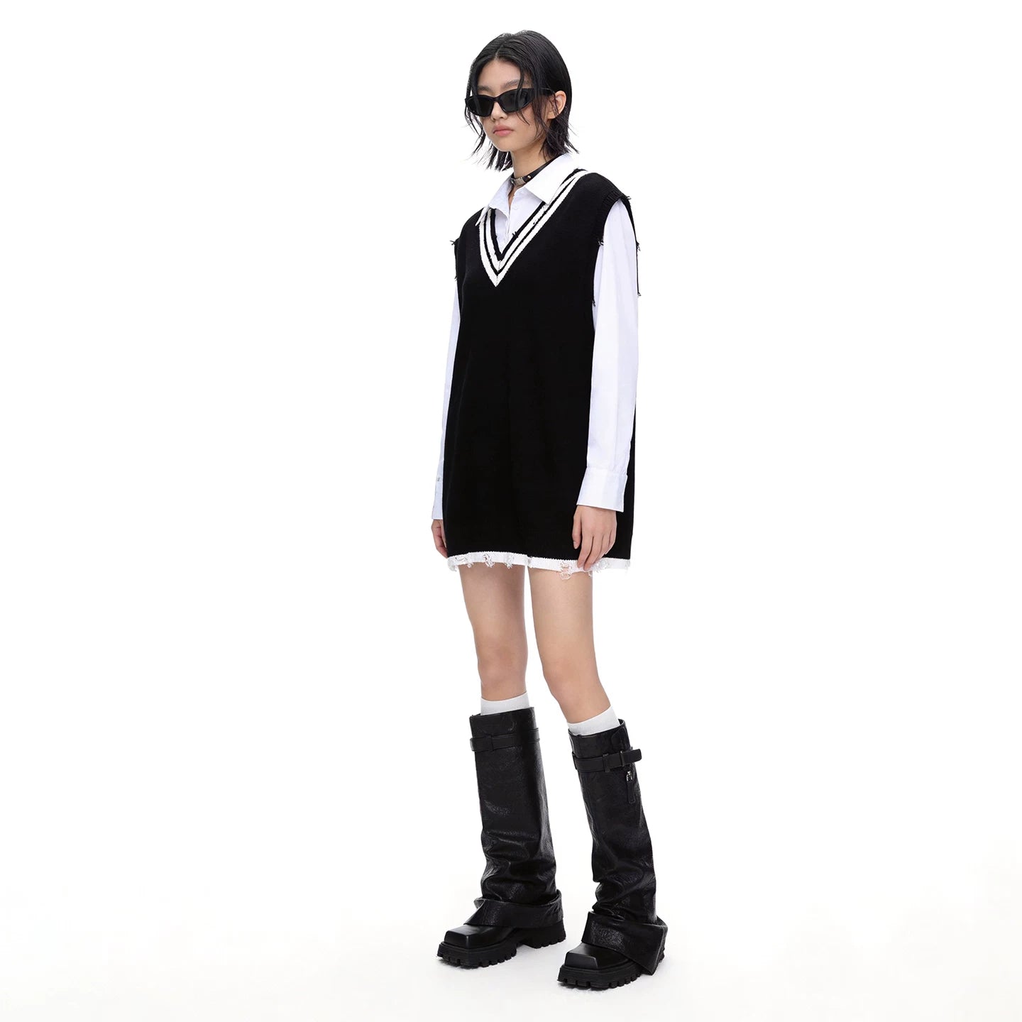 Lapargay faux two-piece spliced knit dress layered shirt frayed finishing technique L75308601C