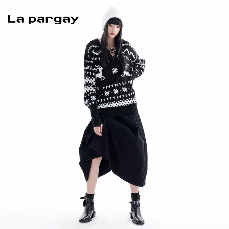 Lapargay Pullover Hooded Knit Sweater Women's 2026 New Stylish Casual Long Sleeve Design Sense Niche Top