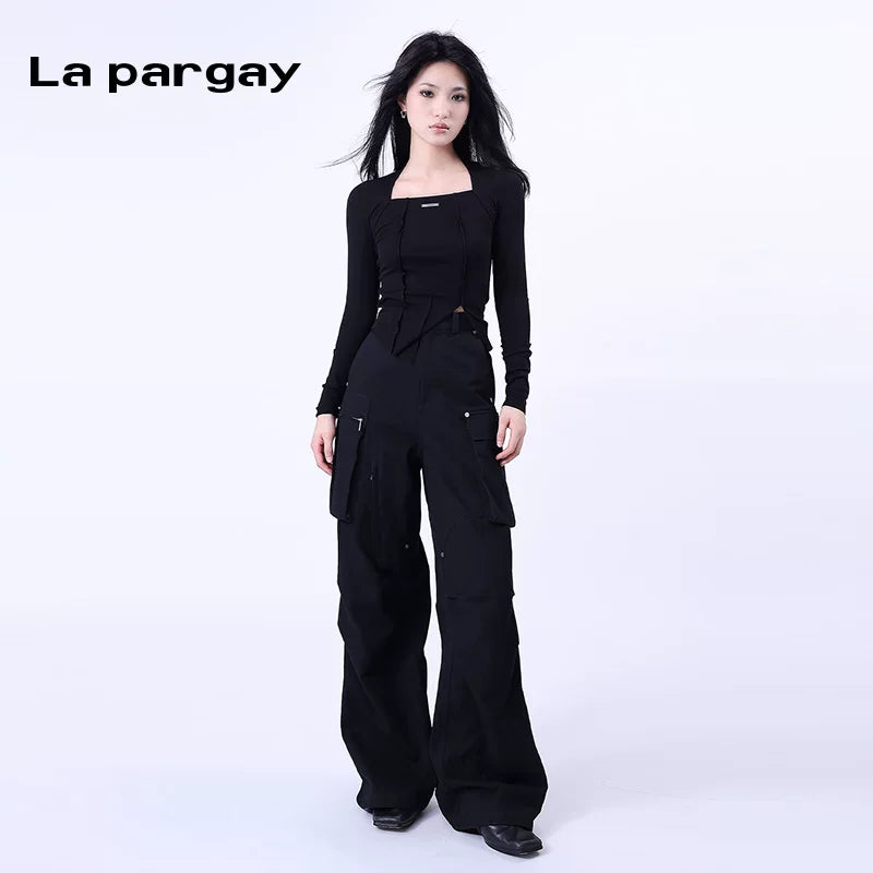Lapargay Pullover Square Neck Long Sleeve T-Shirt Women 2026 Spring New Black Personality Fashion Casual Niche Top