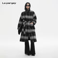 Lapargay  Vintage Plaid Wool Coat with Horn Button Stand Collar Design, Two-Way Wear with Belt L78101604C