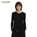 Lapargay Crew Neck Ribbed Knit Cardigan with Single-Breasted Button Design and Delicate Embroidery Accents L75408303C