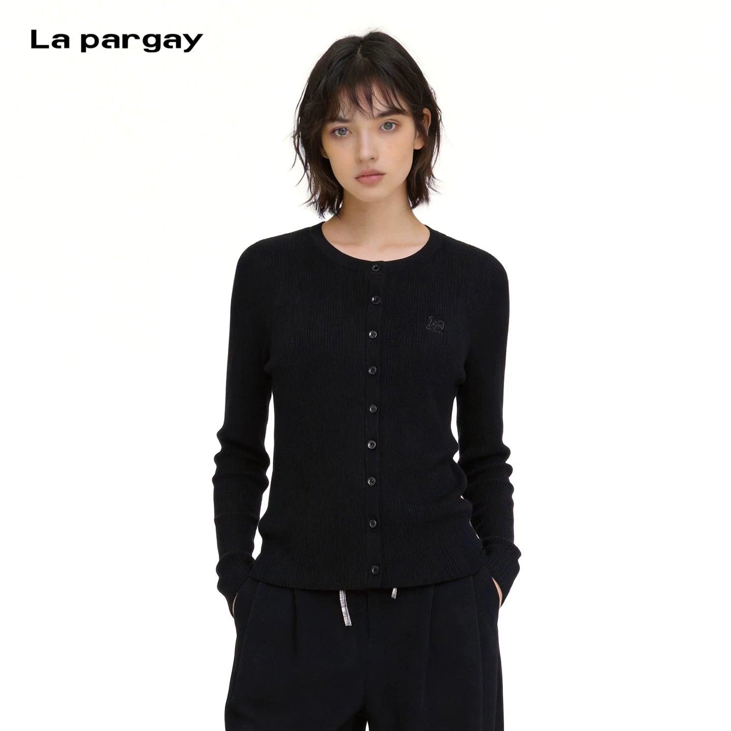 Lapargay Crew Neck Ribbed Knit Cardigan with Single-Breasted Button Design and Delicate Embroidery Accents L75408303C