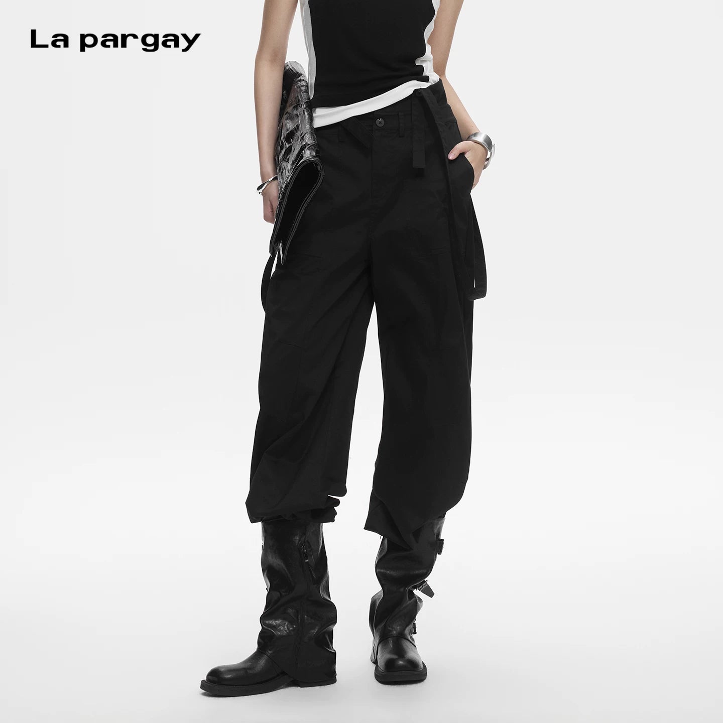 Lapargay Loose Wide Leg Casual Pants High Waist Three Button Design Double Strap Decoration L78202608V