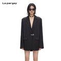 Lapargay Matte Vertical Stripe Mid-Length Blazer with Drop Shoulder and Micro-Flare Sleeves Minimalist Style L75101307S