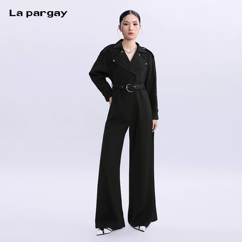 Lapargay Long-Sleeve Straight-Leg Jumpsuit 2026 New Style Women's Black Personality Fashion Design Sense