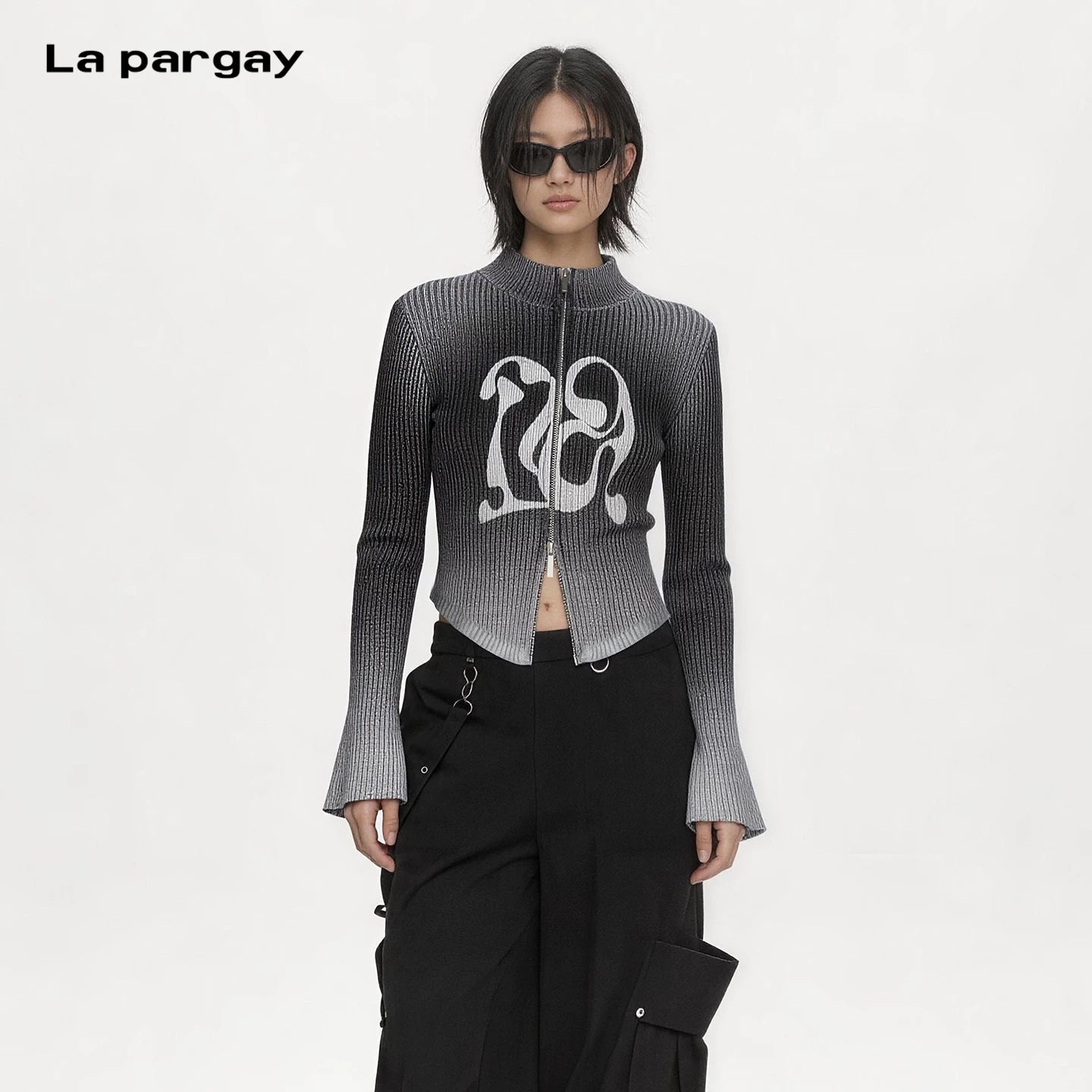 Lapargay Gradient Tie-Dye Knit Cardigan Double-Zip Design Curved Hem Top L75108301V