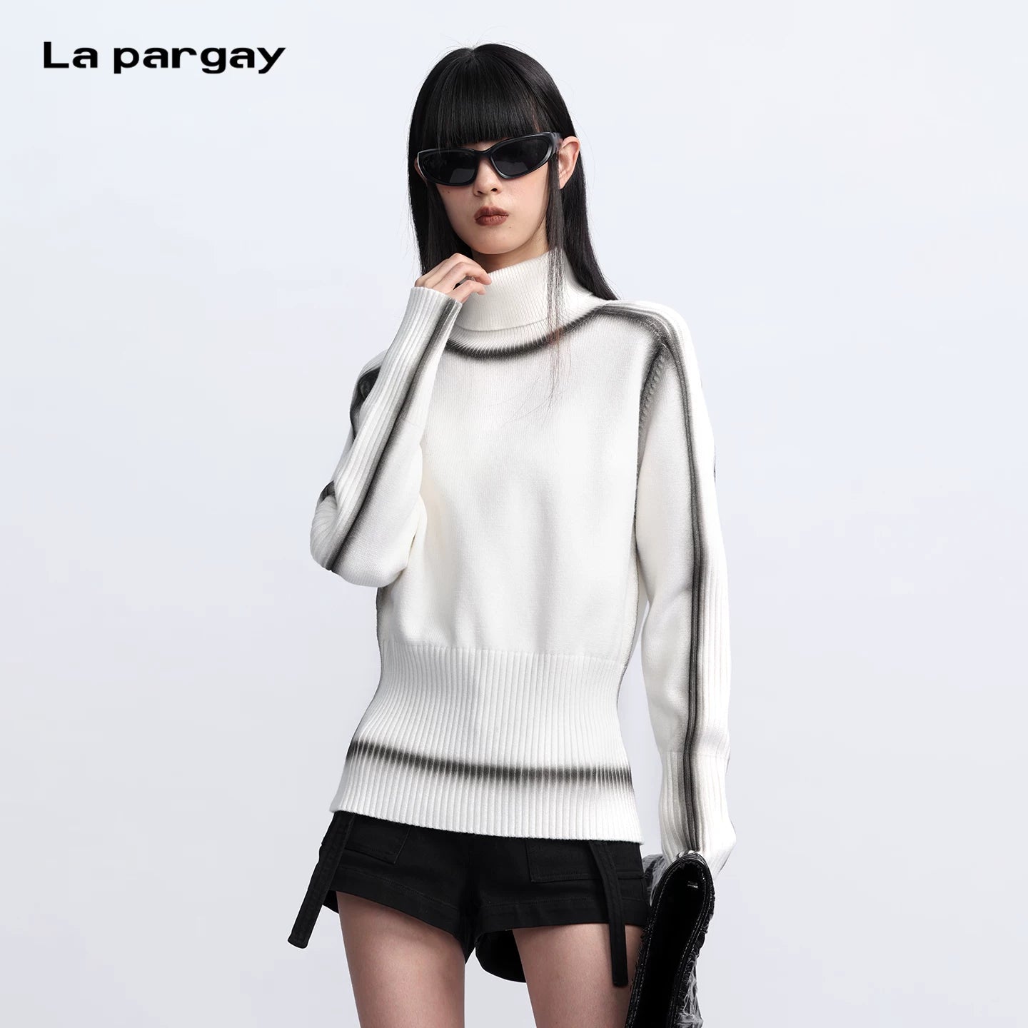 Lapargay high-neck gradient knit sweater, spray dye design, ribbed cinched waist slimming L75308209C