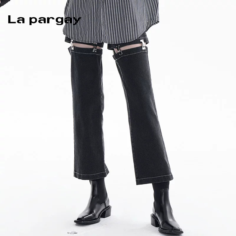 Lapargay high-waist hollow straight-leg pants 2026 spring new women's black personality fashion casual pants