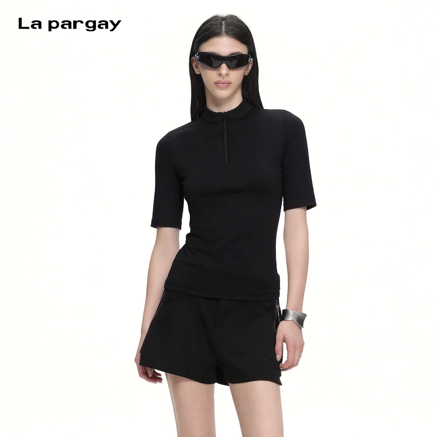 Lapargay Half-zip slim-fit T-shirt with stretchy fit and neat short sleeve design L72100201C