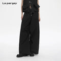 Lapargay black high-waist casual pants, button wide-leg style, pleated slim-fit trousers L78202605V
