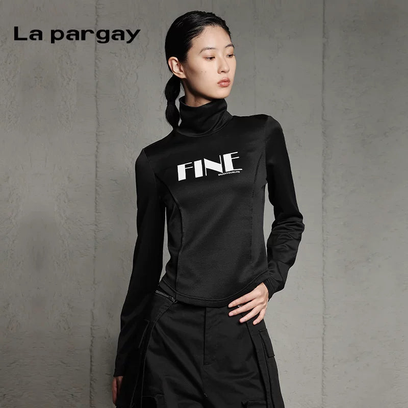 Lapargay High-neck Long-sleeve Irregular T-shirt Women 2026 Spring New Black Casual Versatile Design Top