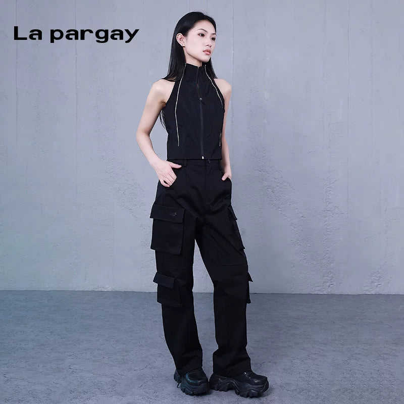 Lapargay High-Waist Trousers Cargo Multi-Pocket Casual Pants 2026 Spring New Women's Black Niche Pants