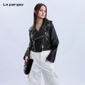 Lapargay Long-sleeved Leather Jacket 2026 Spring New Style Women's Black Personalized Fashion Casual Top