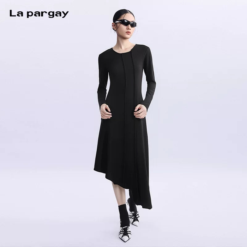Lapargay Long Sleeve Asymmetric Dress Women 2026 New Personality Casual Mid-Length Skirt