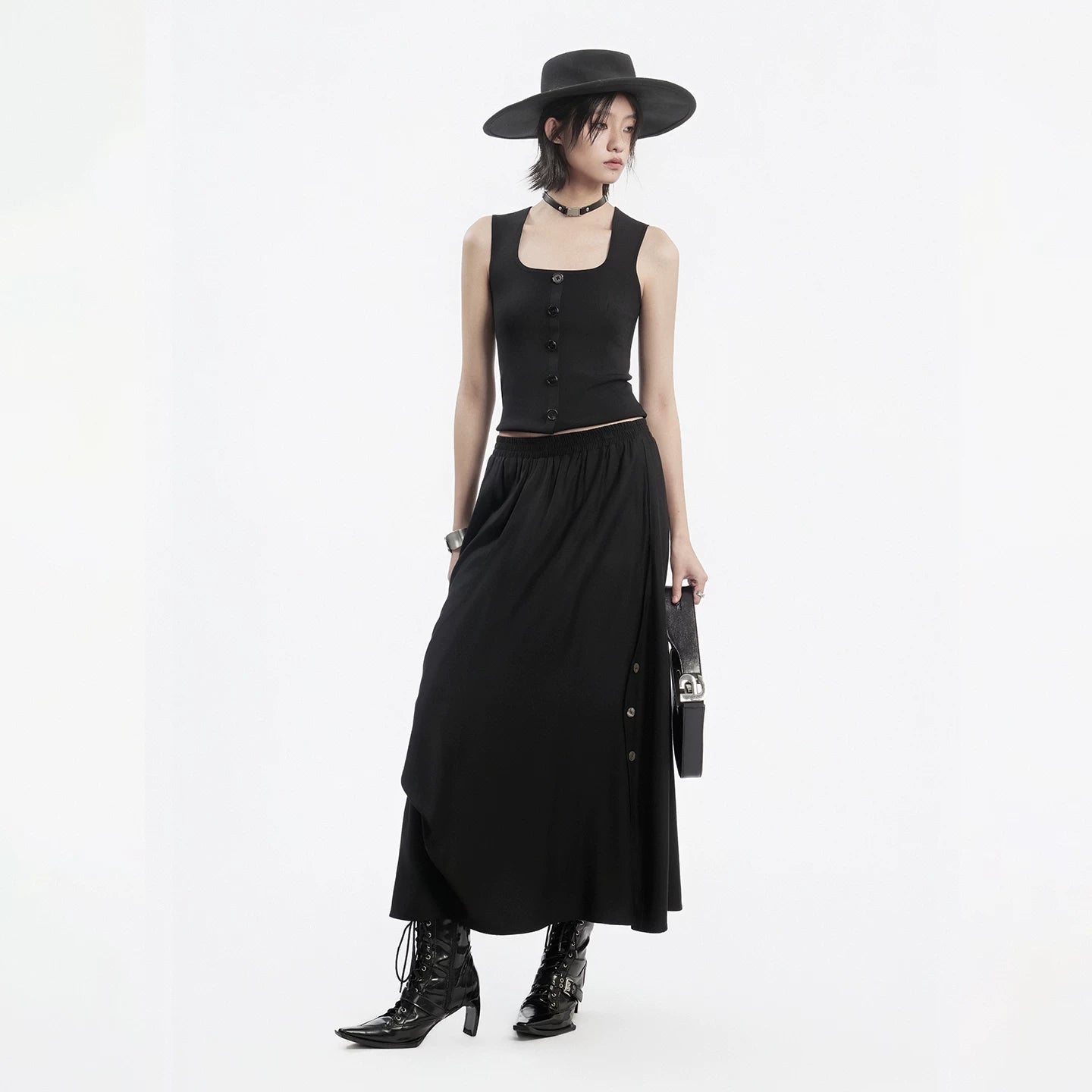 Lapargay Irregular Half Skirt Elastic Waist Non-tightening Metal Button Decoration Adds Layers L78209106V