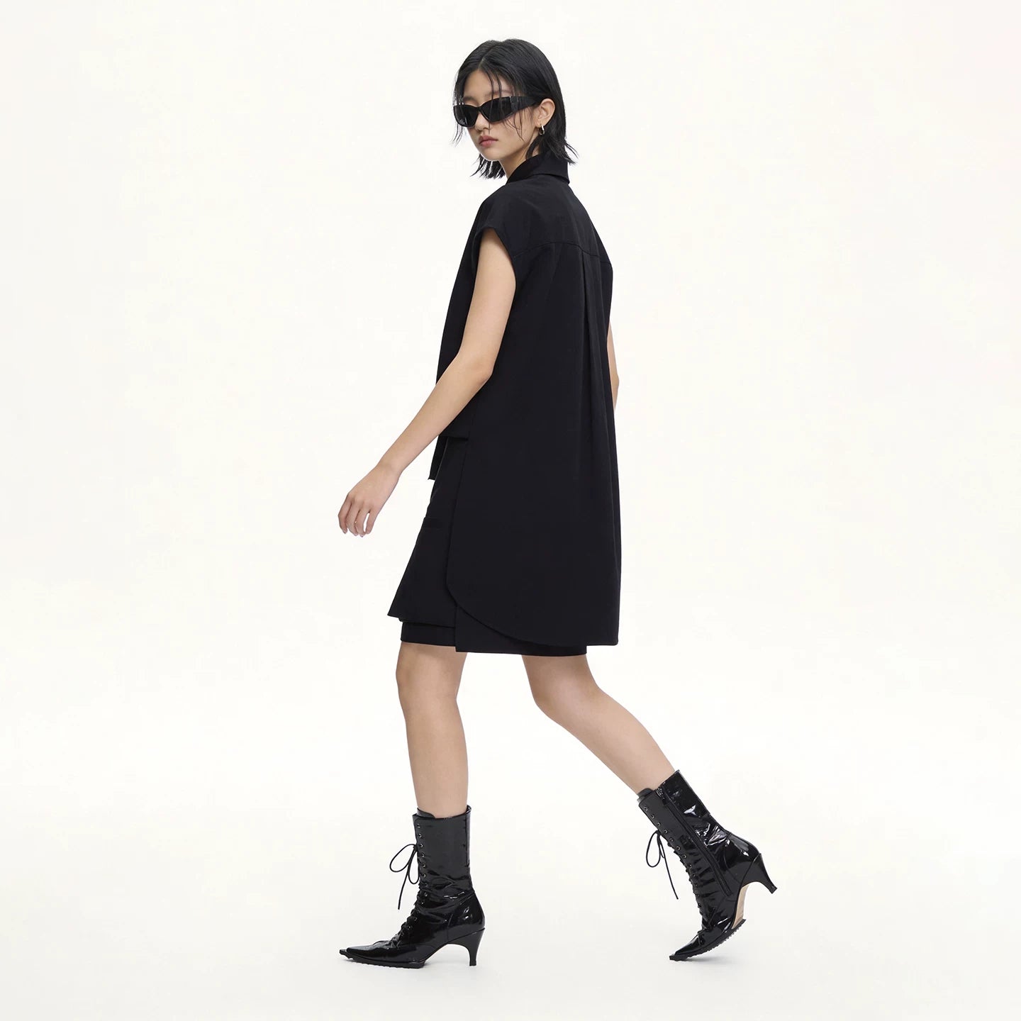 Lapargay Two-Tone Shirt Dress, Sharp Lapel with Cap Sleeves, Classic Little Black Dress L72209028V